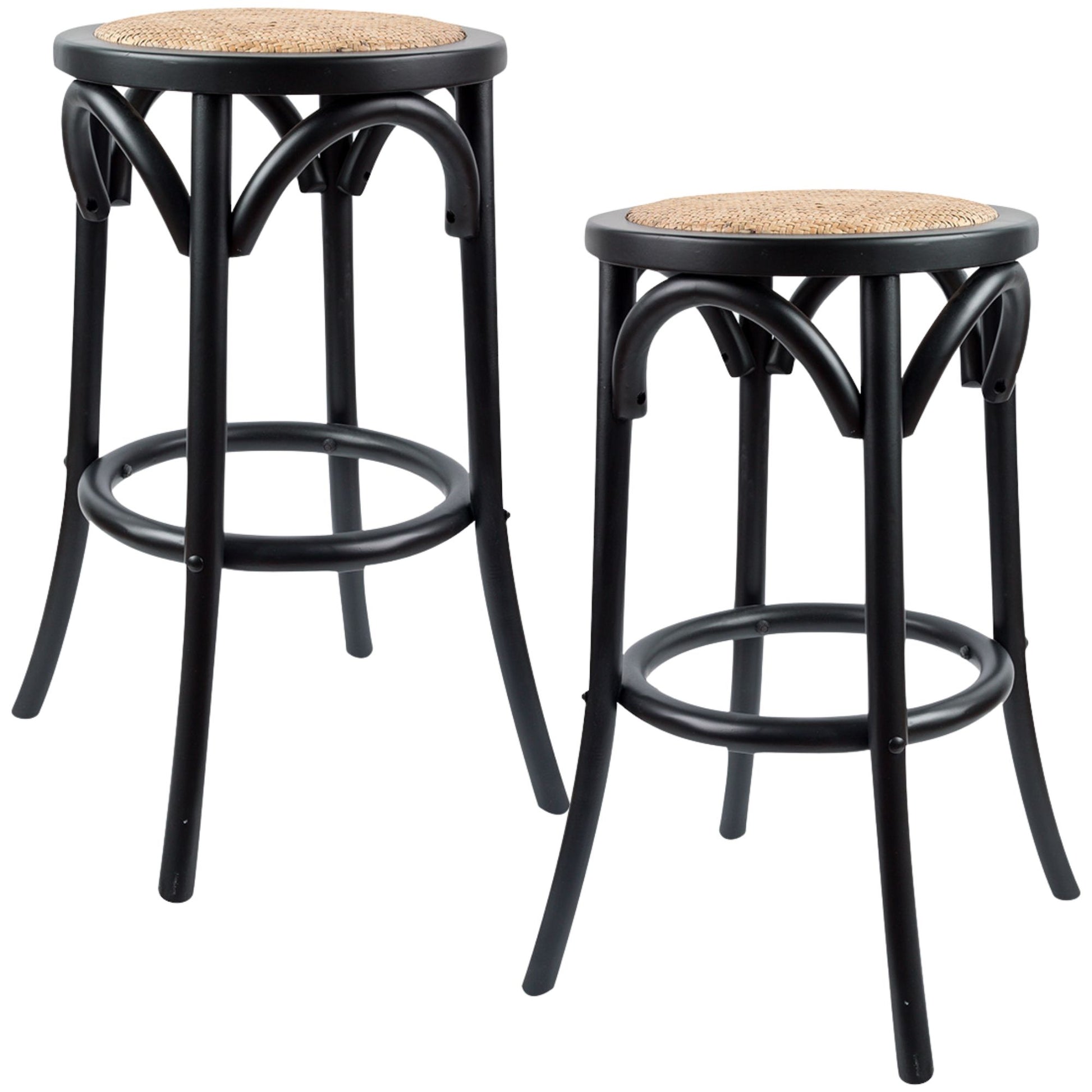Aster 2pc Round Bar Stools Dining Stool Chair Solid Birch Wood Rattan Seat Black - Cosy Abode