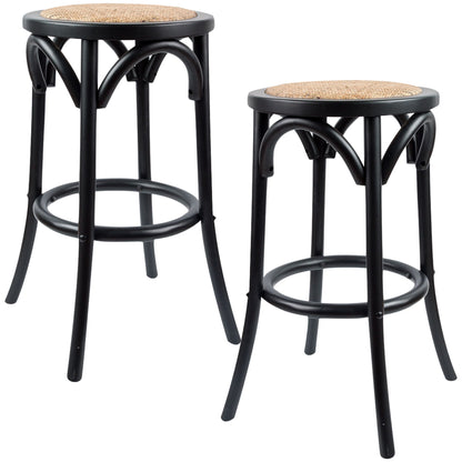 Aster 2pc Round Bar Stools Dining Stool Chair Solid Birch Wood Rattan Seat Black - Cosy Abode