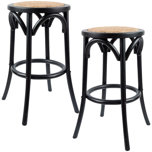 Aster 2pc Round Bar Stools Dining Stool Chair Solid Birch Wood Rattan Seat Black - Cosy Abode
