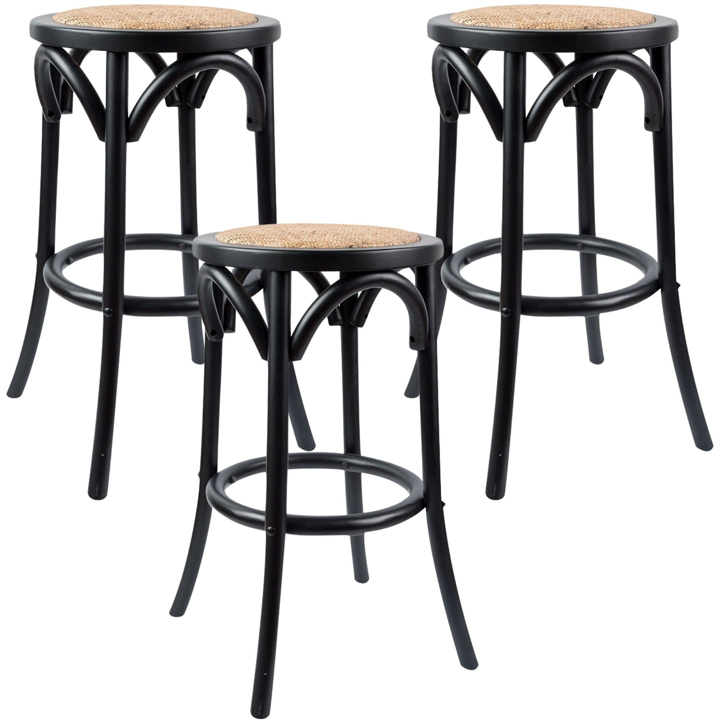 Aster 3pc Round Bar Stools Dining Stool Chair Solid Birch Wood Rattan Seat Black - Cosy Abode