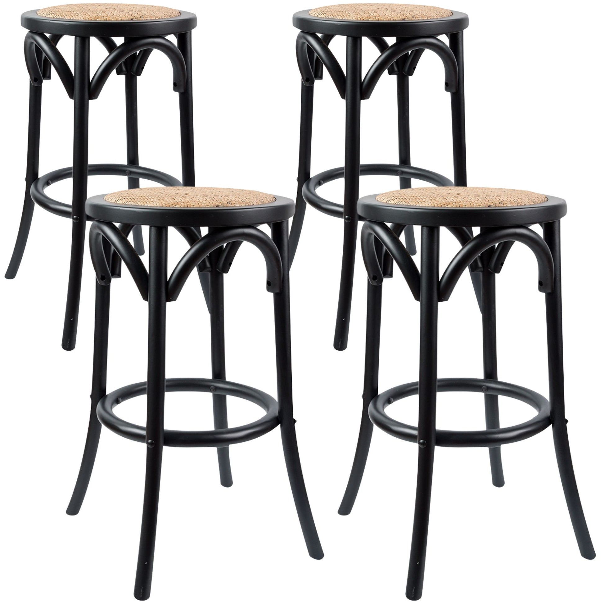 Aster 4pc Round Bar Stools Dining Stool Chair Solid Birch Wood Rattan Seat Black - Cosy Abode