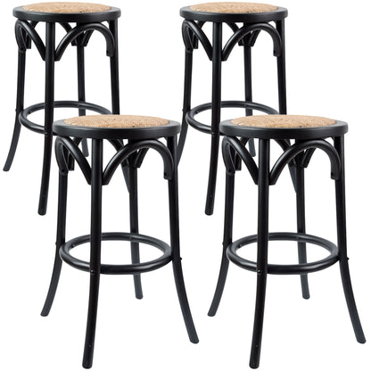 Aster 4pc Round Bar Stools Dining Stool Chair Solid Birch Wood Rattan Seat Black - Cosy Abode