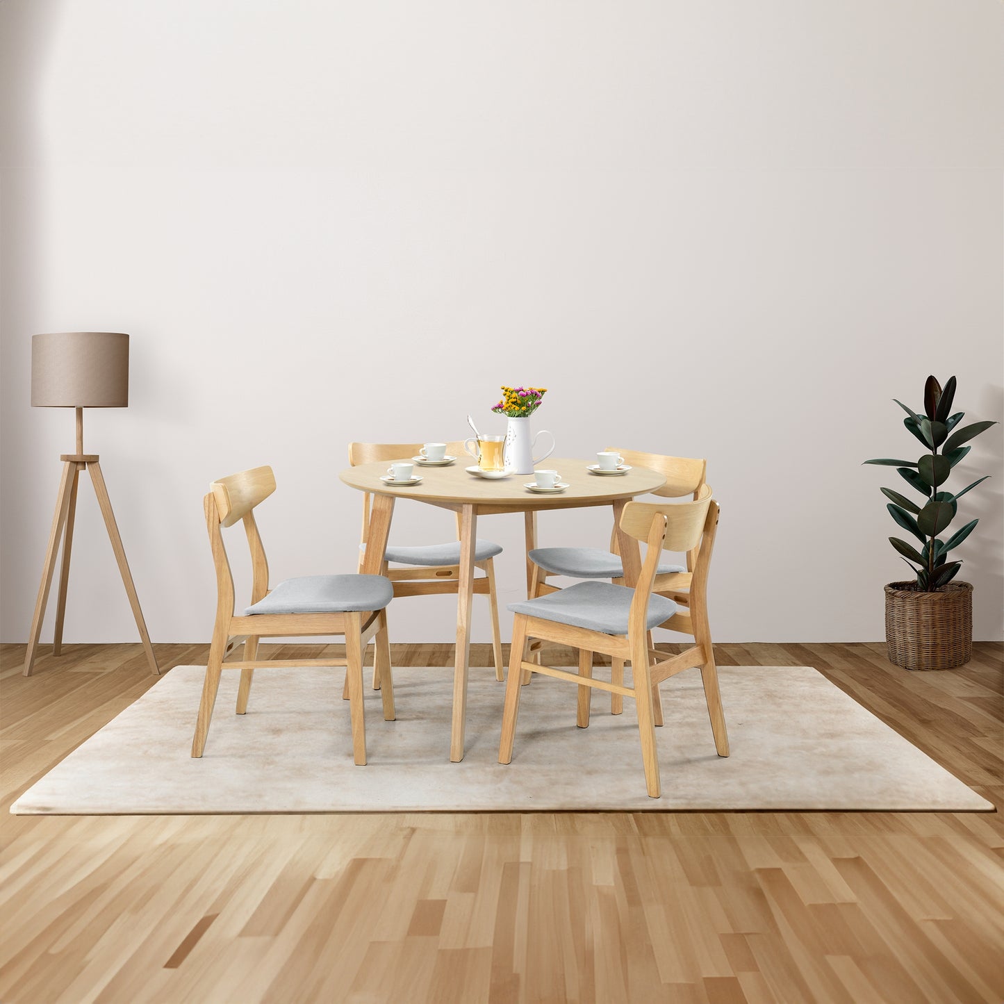 Cusco 5pc Set Dining Set 100cm Round Table 4 Chair Fabric Seat Scandinavian - Cosy Abode