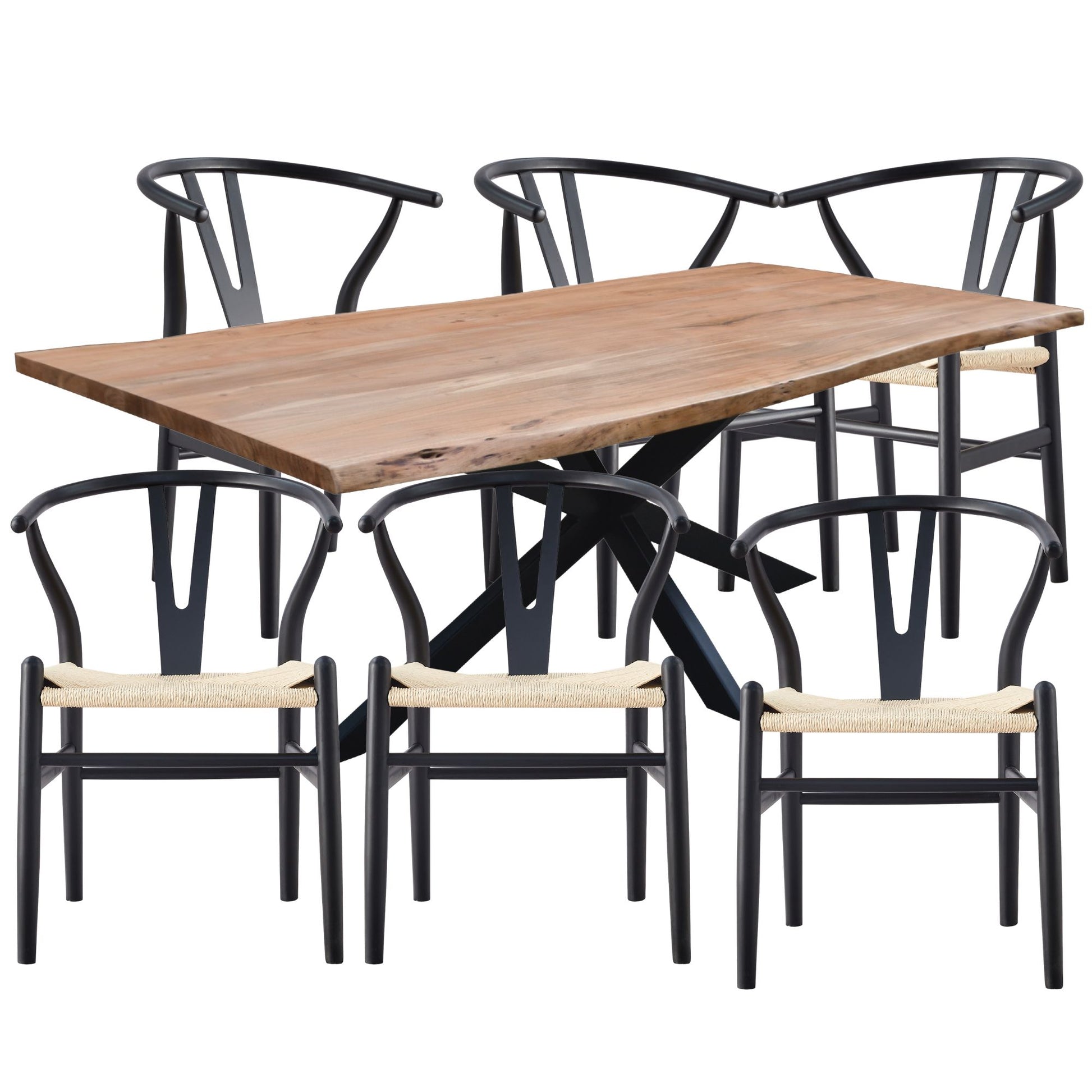 Lantana 7pc 210cm Dining Table 6 Black Wishbone Chair Set Live Edge Acacia Wood - Cosy Abode