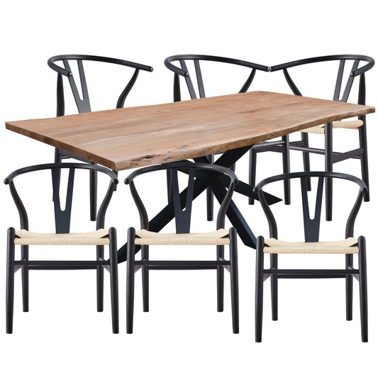 Lantana 7pc 210cm Dining Table 6 Black Wishbone Chair Set Live Edge Acacia Wood - Cosy Abode