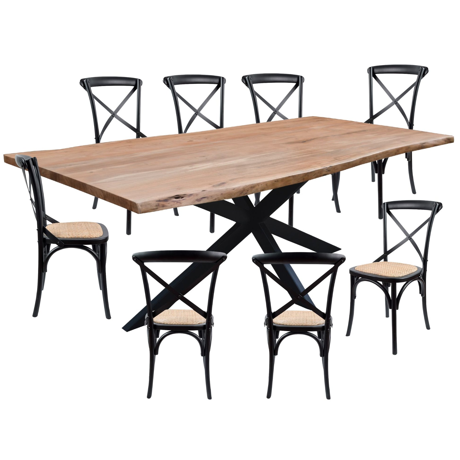 Lantana 9pc 240cm Dining Table 8 Black X-Back Chair Set Live Edge Acacia Wood - Cosy Abode