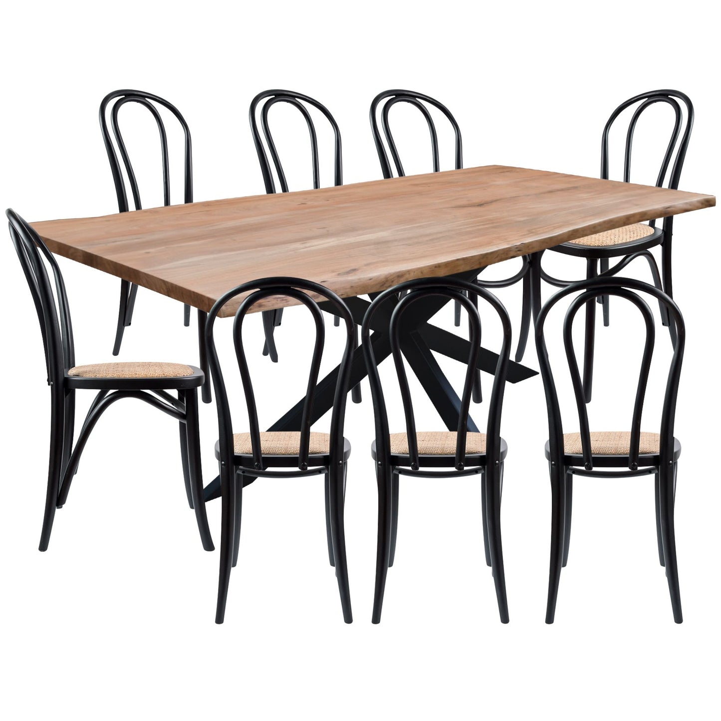 Lantana 9pc 240cm Dining Table 8 Black Arched Back Chair Set Live Edge Acacia - Cosy Abode