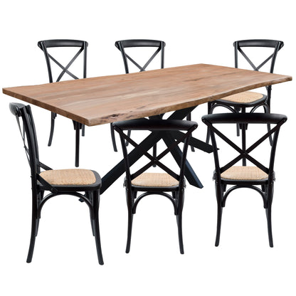 Lantana 7pc 180cm Dining Table 6 Black X-Back Chair Set Live Edge Acacia Wood - Cosy Abode