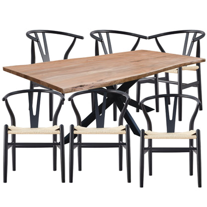 Lantana 7pc 180cm Dining Table 6 Black Wishbone Chair Set Live Edge Acacia Wood - Cosy Abode