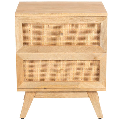 Olearia  Bedside Table 2 Drawer Storage Cabinet Solid Mango Wood Rattan Natural - Cosy Abode