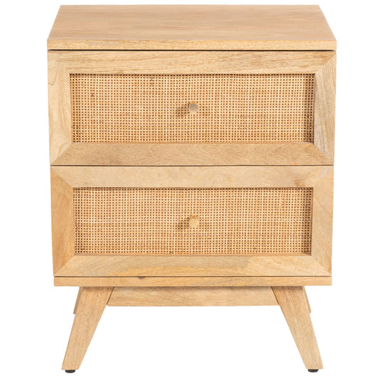 Olearia  Bedside Table 2 Drawer Storage Cabinet Solid Mango Wood Rattan Natural - Cosy Abode