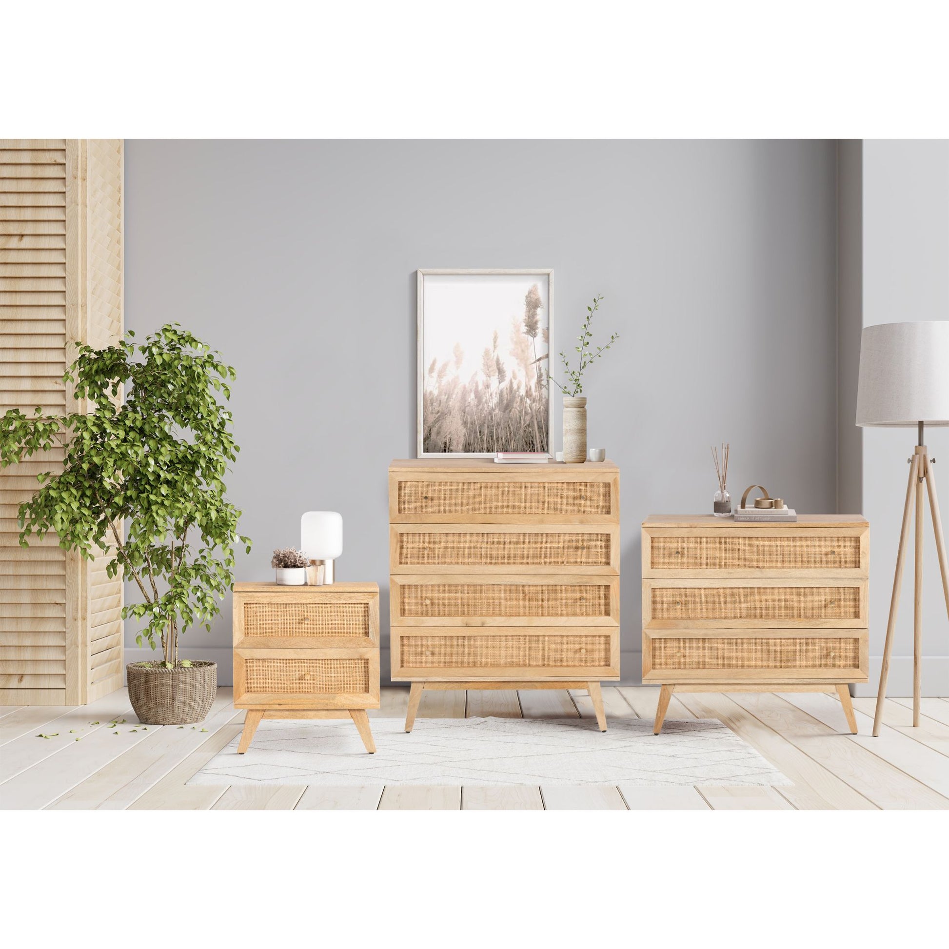 Olearia  Bedside Table 2 Drawer Storage Cabinet Solid Mango Wood Rattan Natural - Cosy Abode