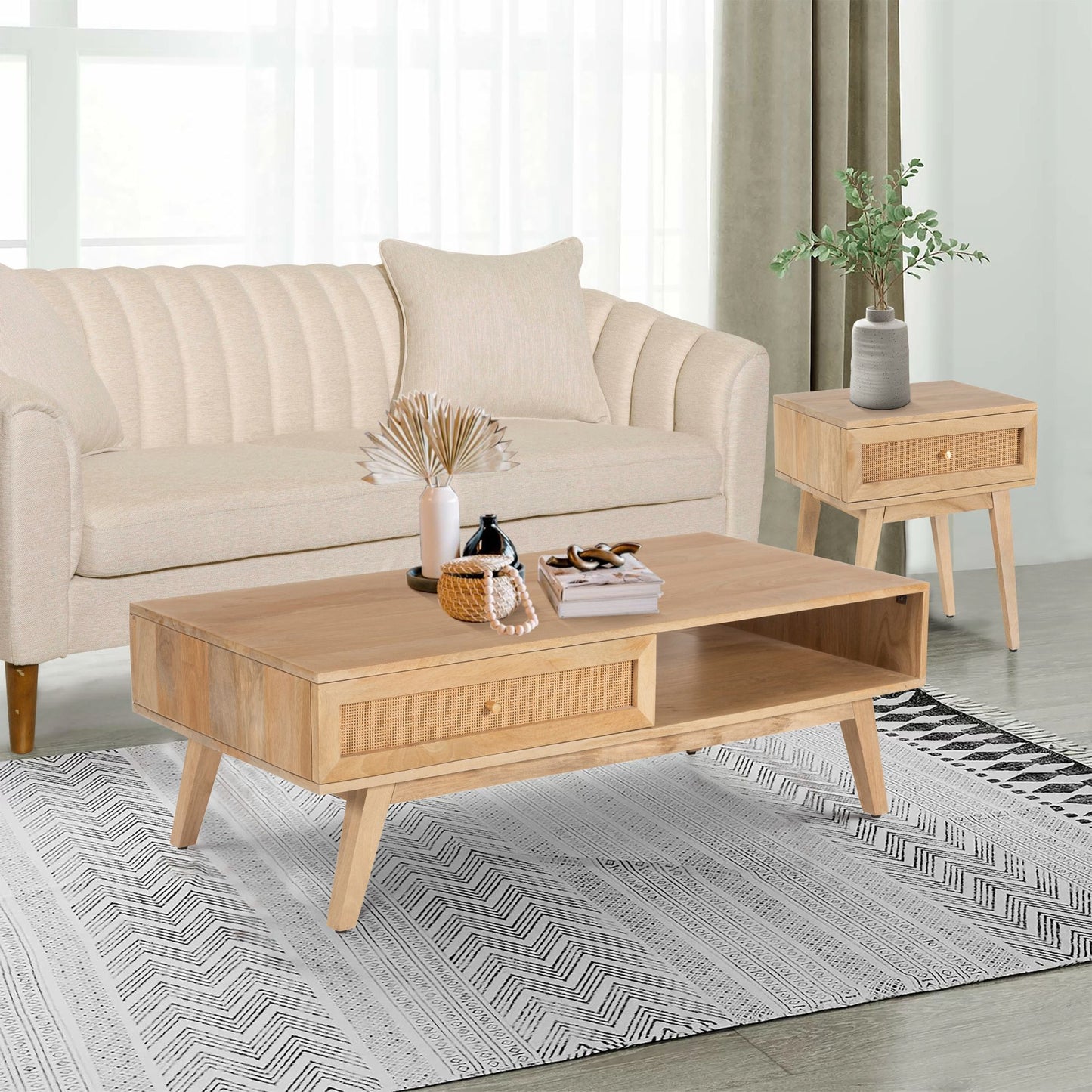 Olearia  Bedside Table 1 Drawer Storage Cabinet Solid Mango Wood Rattan Natural - Cosy Abode