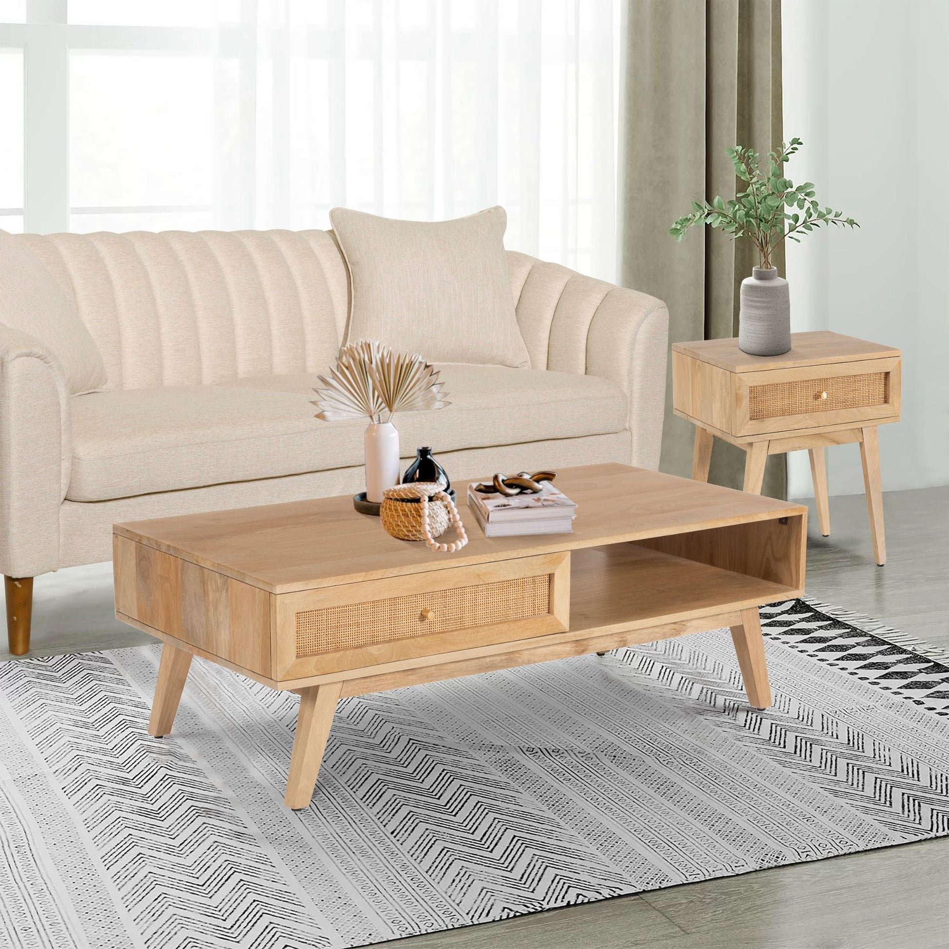 Olearia  Bedside Table 1 Drawer Storage Cabinet Solid Mango Wood Rattan Natural - Cosy Abode