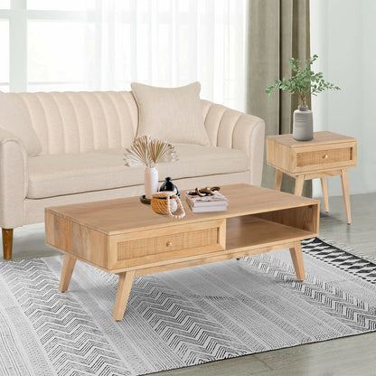 Olearia  Bedside Table 1 Drawer Storage Cabinet Solid Mango Wood Rattan Natural - Cosy Abode