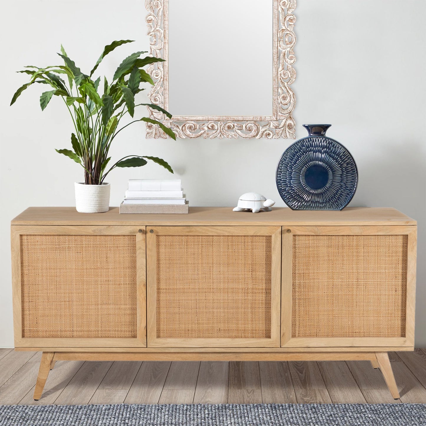 Olearia  Buffet Table 150cm 3 Door Solid Mango Wood Storage Cabinet Natural - Cosy Abode