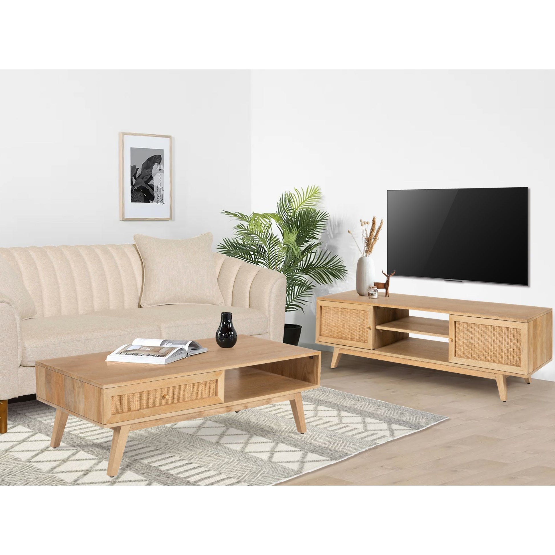 Olearia  Coffee Table 120cm Solid Mango Timber Wood Rattan Furniture Natural - Cosy Abode