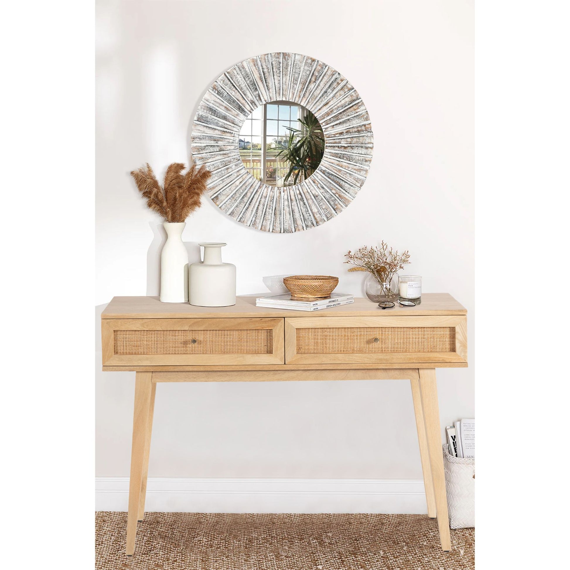 Olearia  Console Table 110cm Solid Mango Timber Wood Rattan Furniture Natural - Cosy Abode