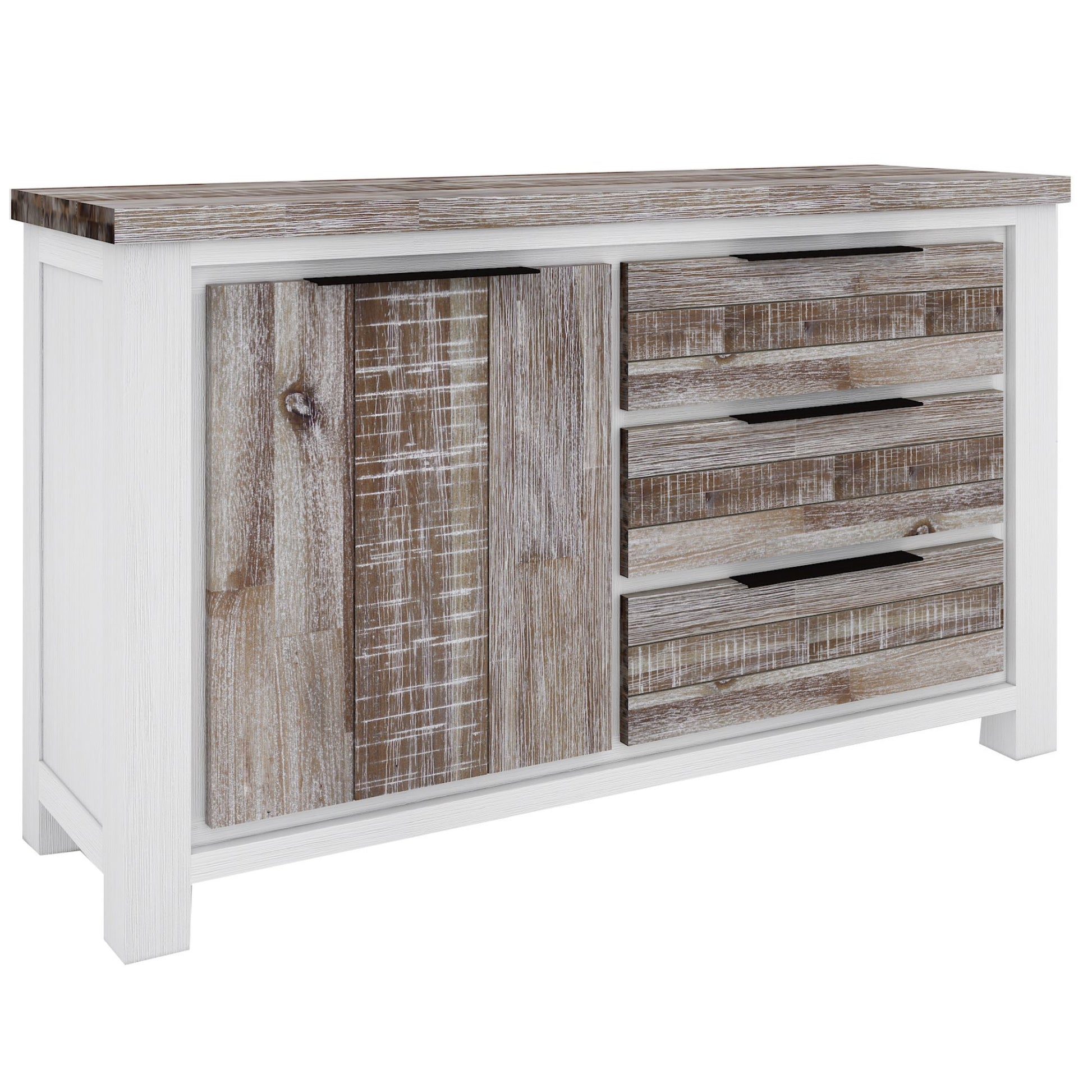 Plumeria Buffet Table 145cm 1 Door 3 Drawer Solid Acacia Timber - White Brush - Cosy Abode