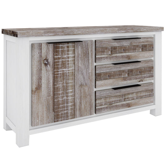 Plumeria Buffet Table 145cm 1 Door 3 Drawer Solid Acacia Timber - White Brush - Cosy Abode