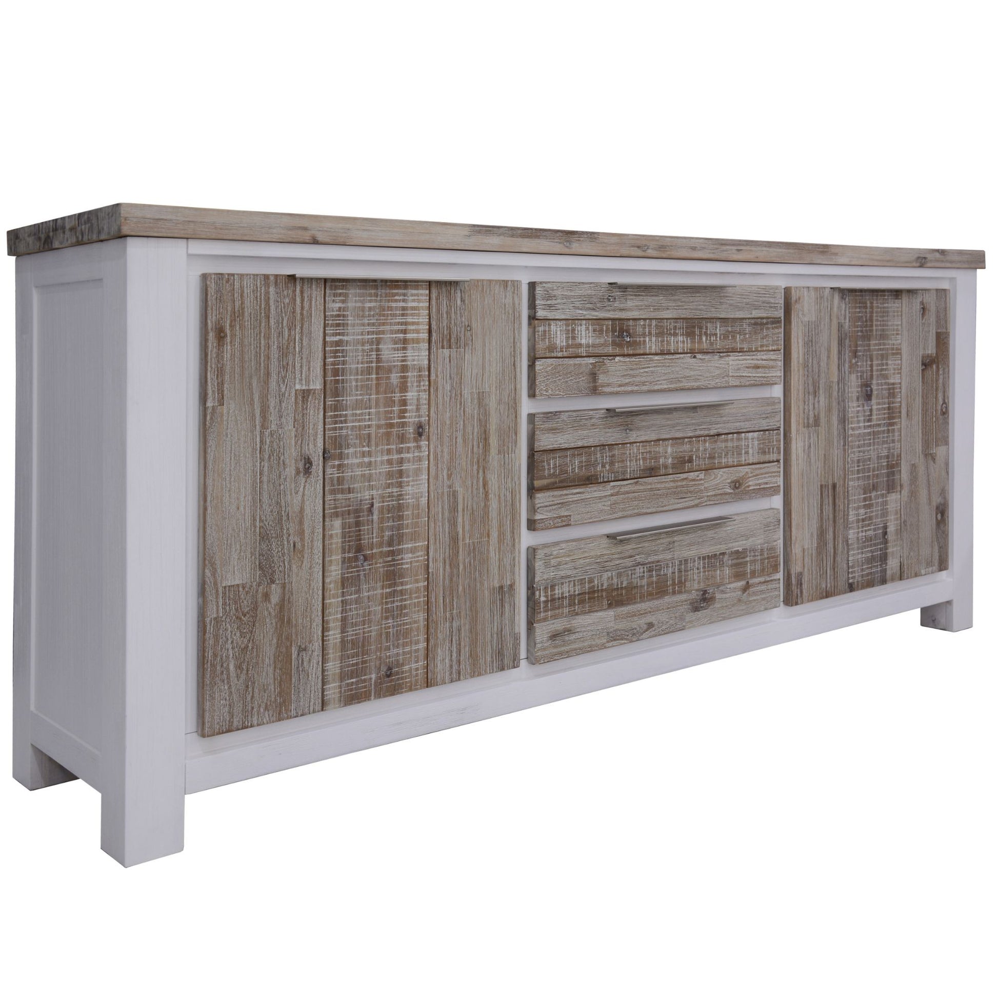 Plumeria Buffet Table 200cm 2 Door 3 Drawer Solid Acacia Timber - White Brush - Cosy Abode