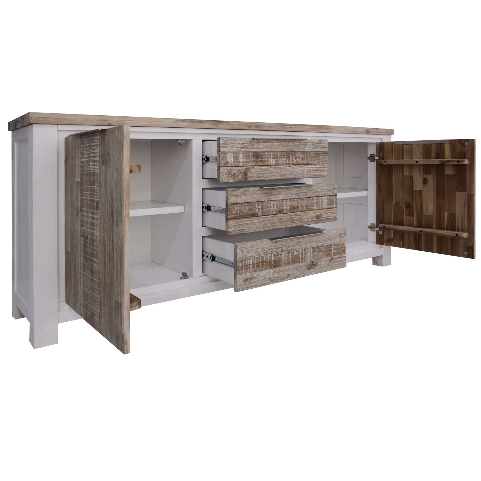 Plumeria Buffet Table 200cm 2 Door 3 Drawer Solid Acacia Timber - White Brush - Cosy Abode