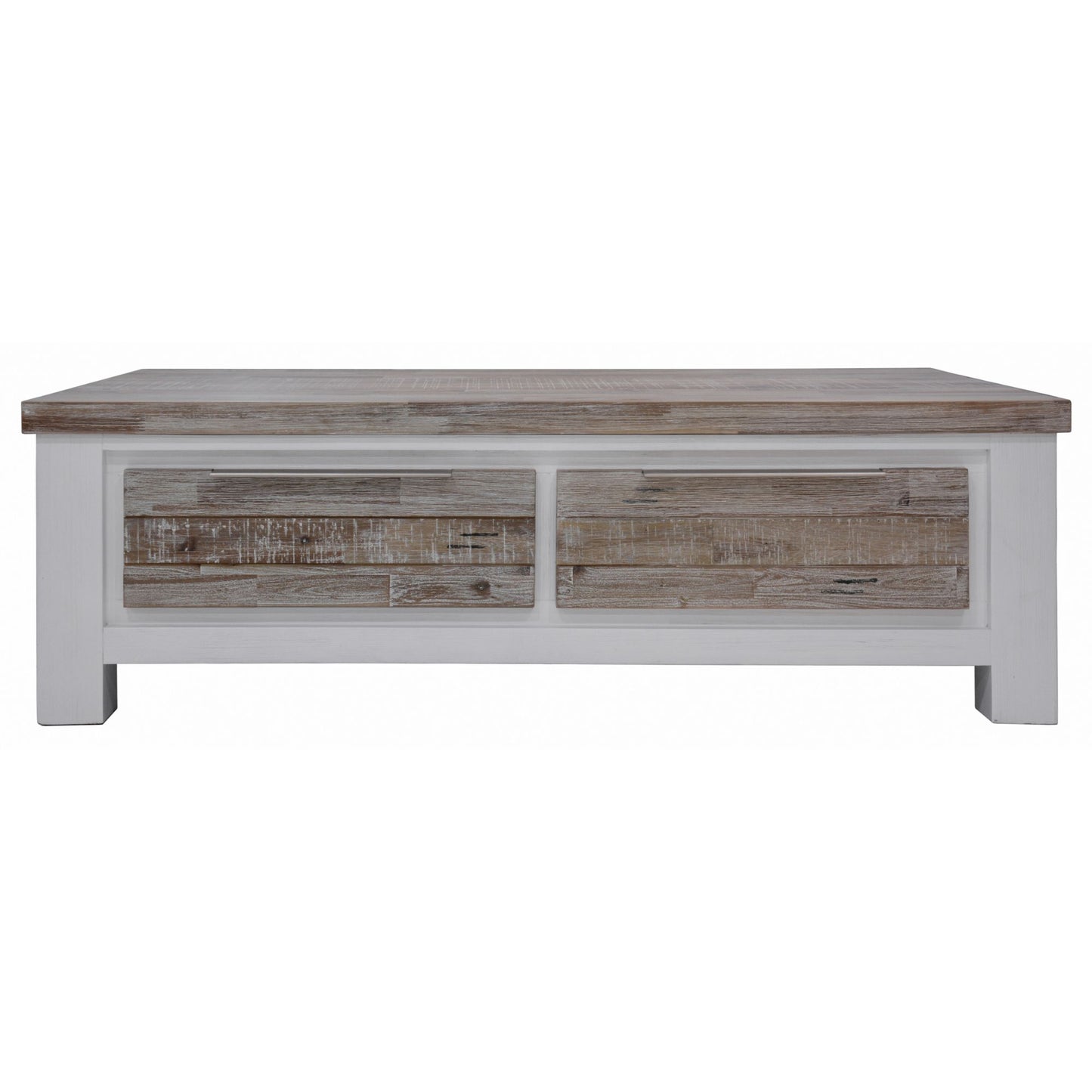 Plumeria Coffee Table 130cm 2 Drawer Solid Acacia Timber Wood - White Brush - Cosy Abode