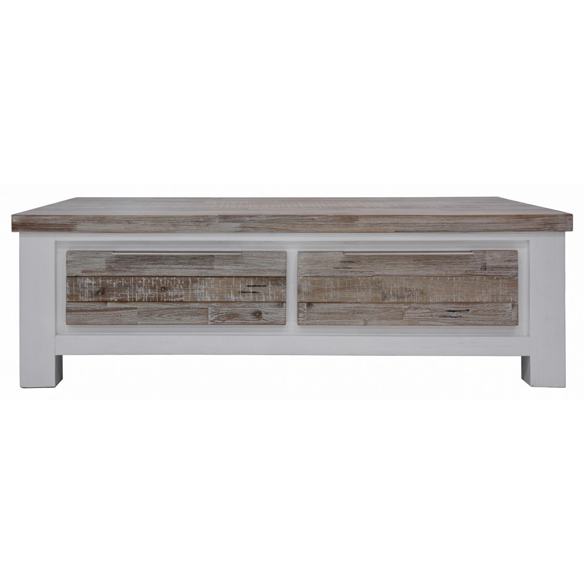 Plumeria Coffee Table 130cm 2 Drawer Solid Acacia Timber Wood - White Brush - Cosy Abode