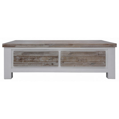 Plumeria Coffee Table 130cm 2 Drawer Solid Acacia Timber Wood - White Brush - Cosy Abode