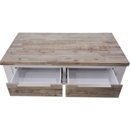 Plumeria Coffee Table 130cm 2 Drawer Solid Acacia Timber Wood - White Brush - Cosy Abode