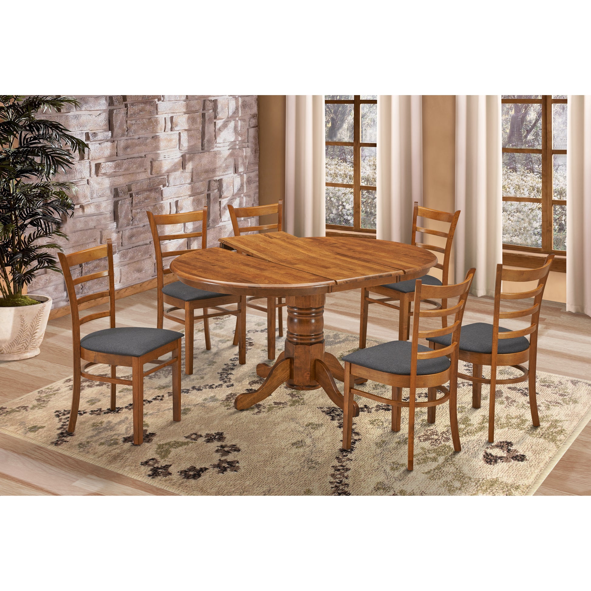 Linaria 7pc Dining Set 150cm Extendable Pedestral Table 6 Timber Chair - Walnut - Cosy Abode