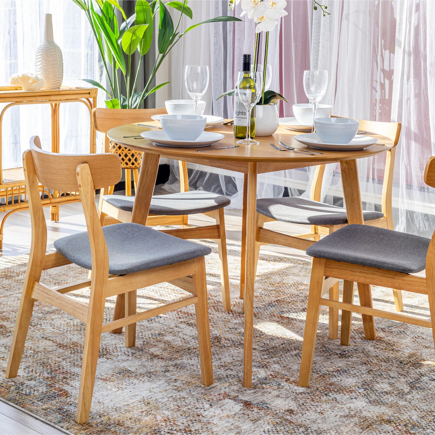 Oscar 5pc Breakfast Nook Set 100cm Round Table with 4 Fabric Chairs - Cosy Abode
