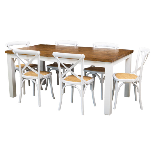 Norah 7pc Dining Set Table 180cm Solid Acacia Wood White Crossback Chair - Cosy Abode