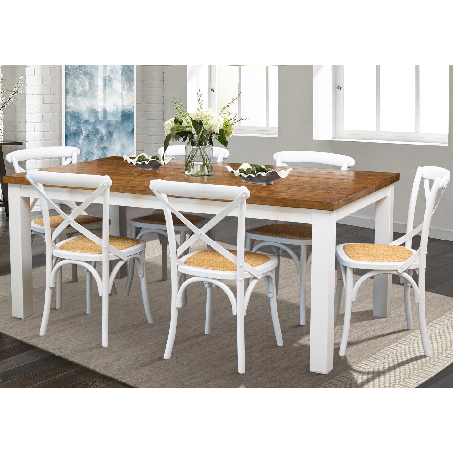 Norah 7pc Dining Set Table 180cm Solid Acacia Wood White Crossback Chair - Cosy Abode