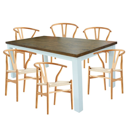 Norah 7pc Dining Set Table 180cm Solid Acacia Wood Natural Wishbone Chair - Cosy Abode
