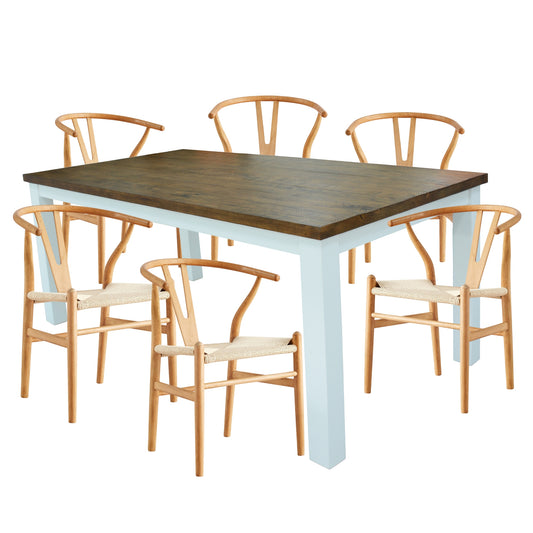 Norah 7pc Dining Set Table 180cm Solid Acacia Wood Natural Wishbone Chair - Cosy Abode