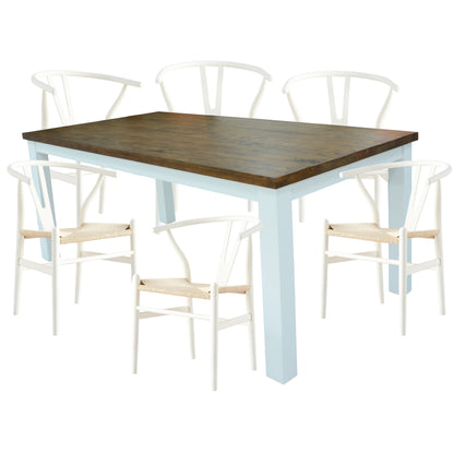 Norah 7pc Dining Set Table 180cm Solid Acacia Wood White Wishbone Chair - Cosy Abode