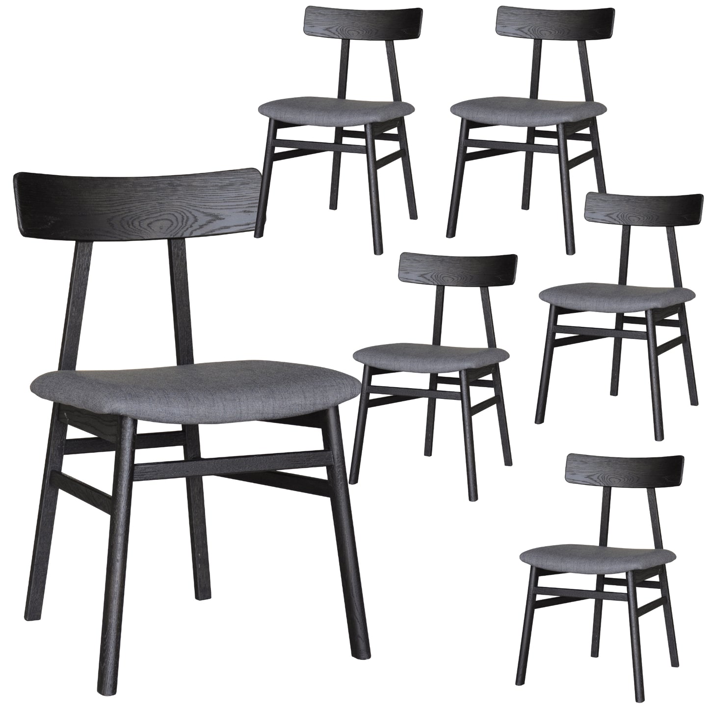 Claire Dining Chair Set of 6 Solid Oak Wood Fabric Seat Furniture - Black - Cosy Abode