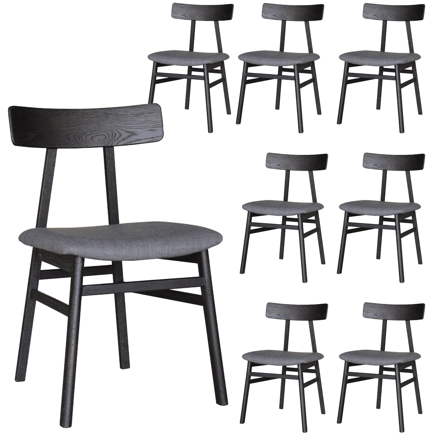 Claire Dining Chair Set of 8 Solid Oak Wood Fabric Seat Furniture - Black - Cosy Abode