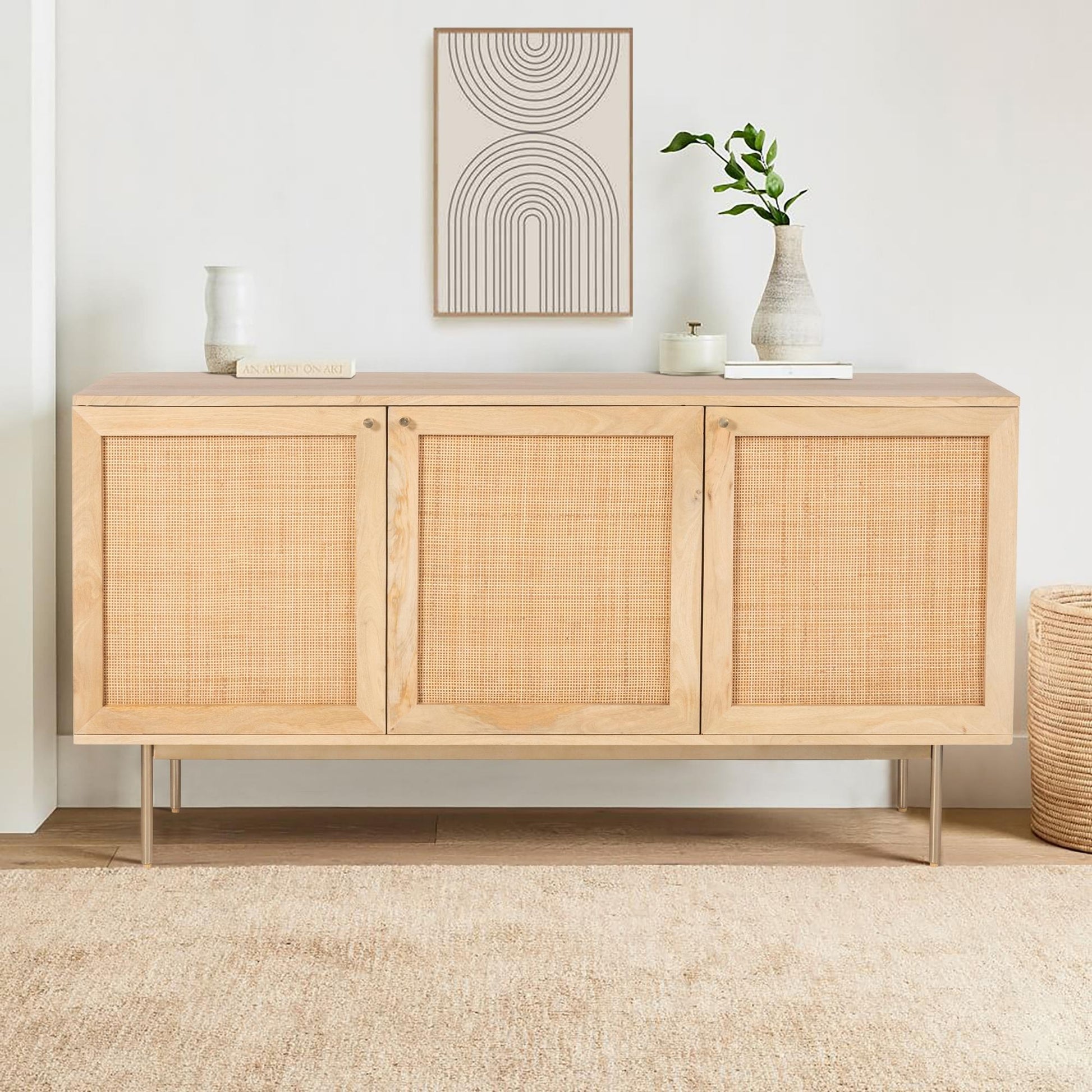Martina Buffet Table Sideboard 145cm 3 Door Solid Mango Wood Storage Cabinet - Cosy Abode