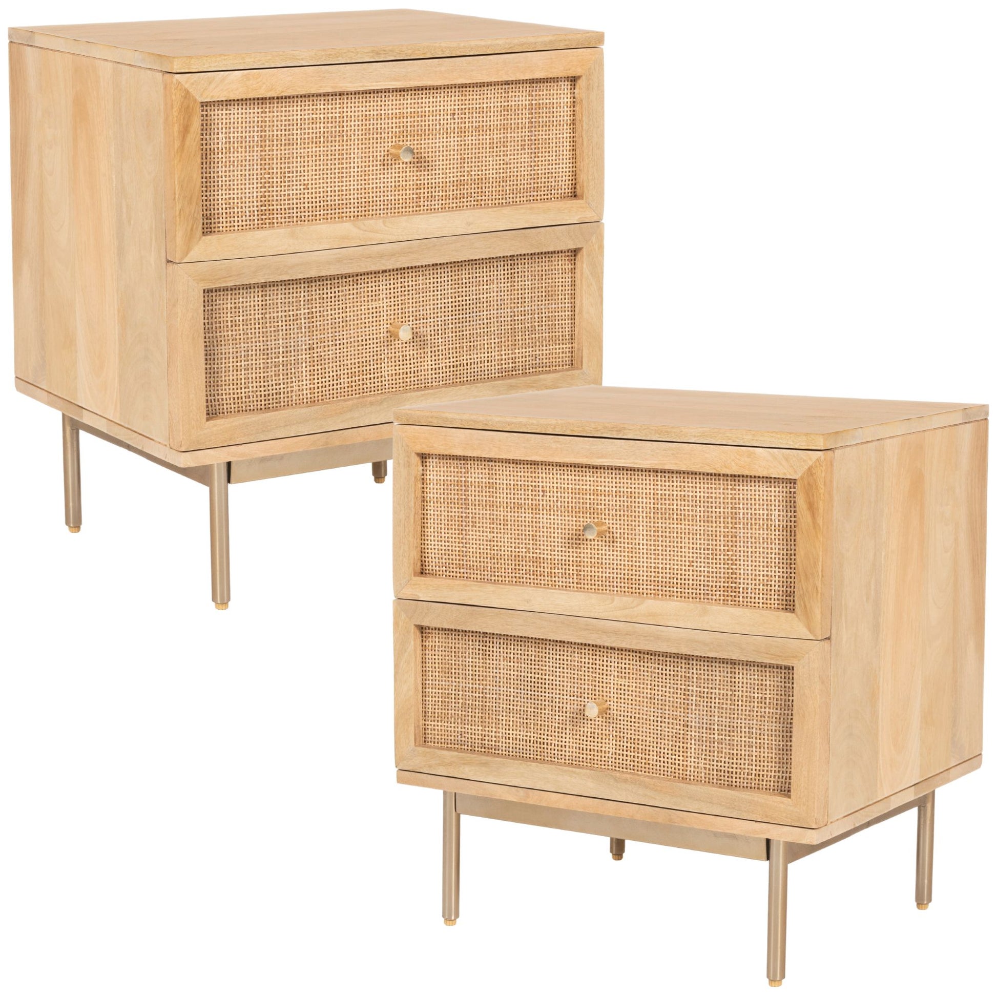 Martina Set of 2 Bedside Table 2 Drawer Storage Cabinet Solid Mango Wood Rattan - Cosy Abode