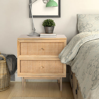 Martina Set of 2 Bedside Table 2 Drawer Storage Cabinet Solid Mango Wood Rattan - Cosy Abode