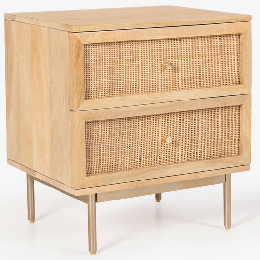 Martina Bedside Table 2 Drawer Storage Cabinet Solid Mango Wood Rattan - Cosy Abode