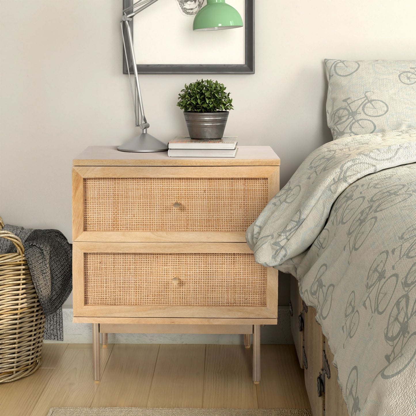 Martina Bedside Table 2 Drawer Storage Cabinet Solid Mango Wood Rattan - Cosy Abode