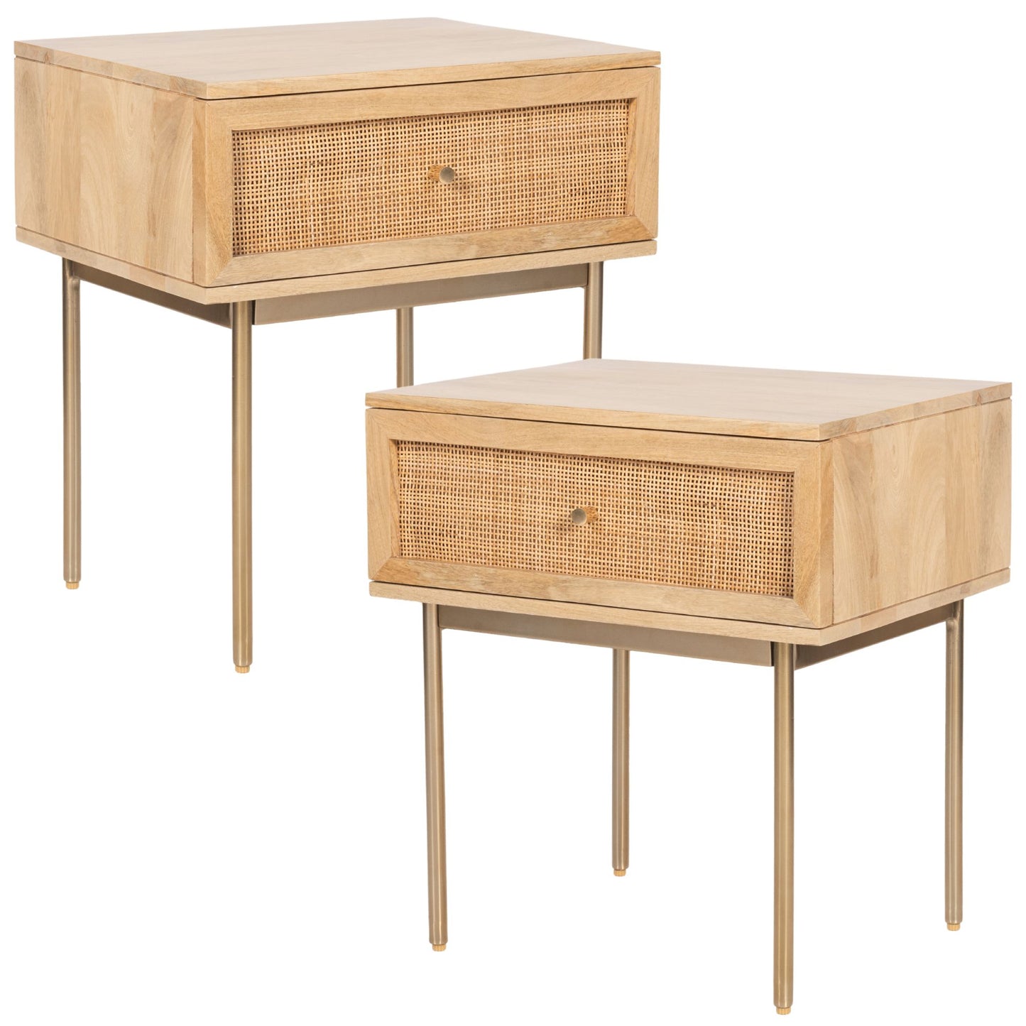 Martina Set of 2 Bedside Table 1 Drawer Storage Cabinet Solid Mango Wood Rattan - Cosy Abode