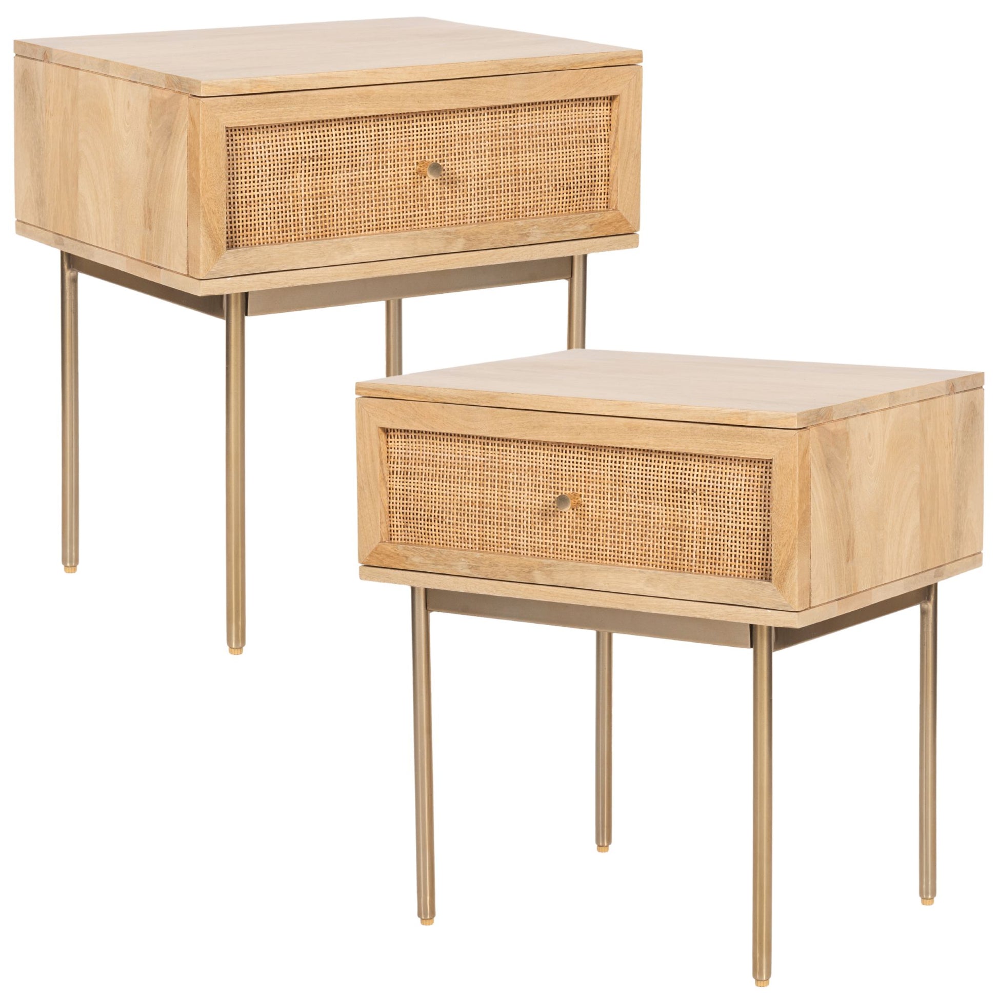 Martina Set of 2 Bedside Table 1 Drawer Storage Cabinet Solid Mango Wood Rattan - Cosy Abode
