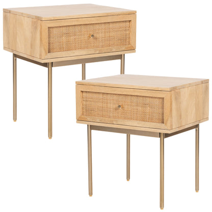 Martina Set of 2 Bedside Table 1 Drawer Storage Cabinet Solid Mango Wood Rattan - Cosy Abode