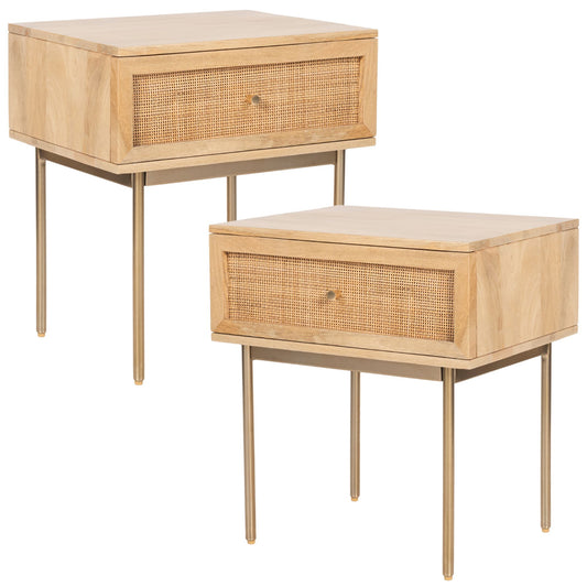 Martina Set of 2 Bedside Table 1 Drawer Storage Cabinet Solid Mango Wood Rattan - Cosy Abode