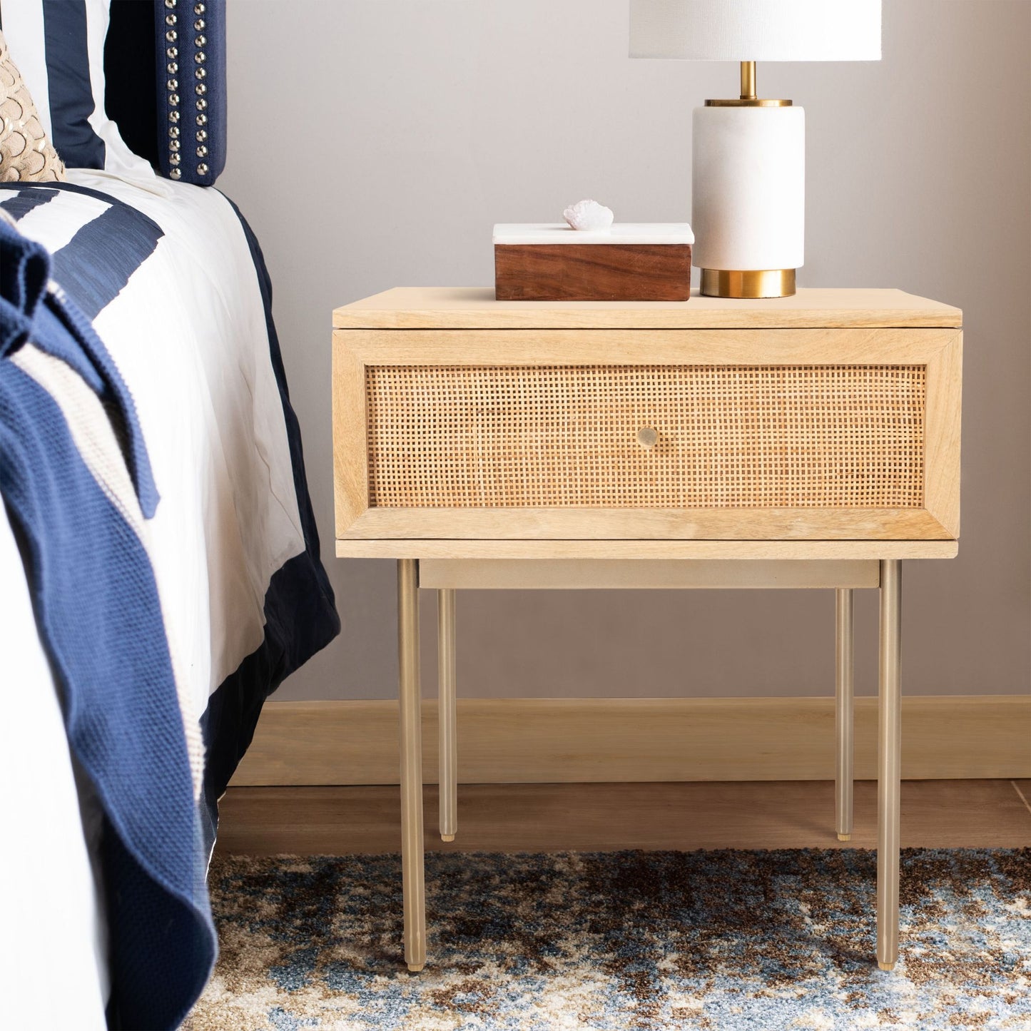 Martina Bedside Table 1 Drawer Storage Cabinet Solid Mango Wood Rattan - Cosy Abode