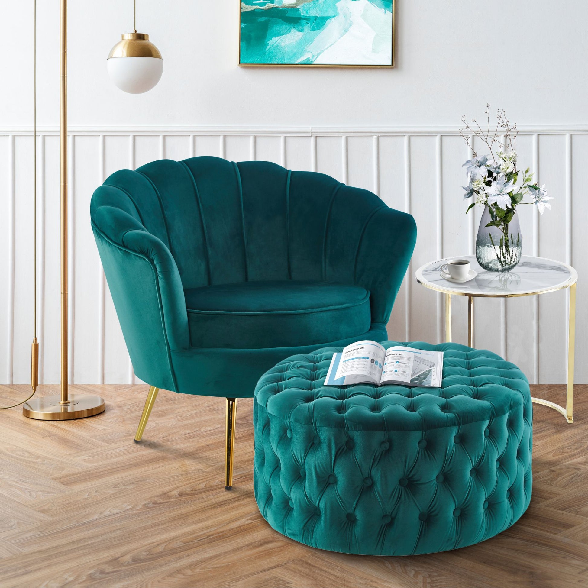Cosmos Tufted Velvet Fabric Round Ottoman Footstools - Green - Cosy Abode